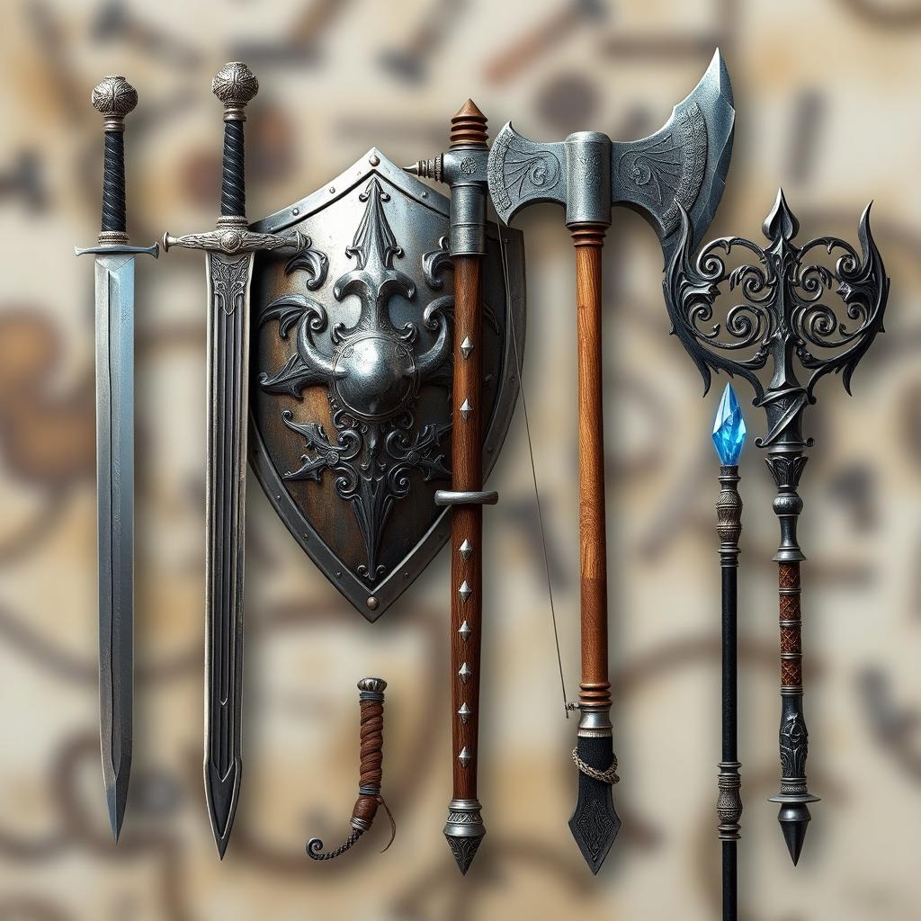 A beautifully detailed arrangement of medieval weapons displayed horizontally