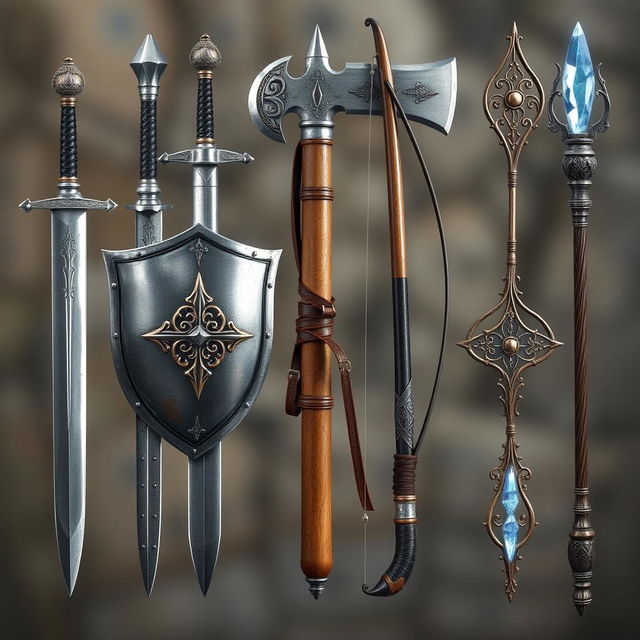 A beautifully detailed arrangement of medieval weapons displayed horizontally