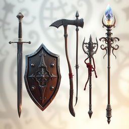 A beautifully detailed arrangement of medieval weapons displayed horizontally