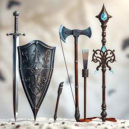 A beautifully detailed arrangement of medieval weapons displayed horizontally