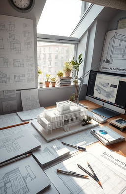 An intricate architectural design process from concept to blueprint, showcasing various stages including brainstorming sketches, 3D models, and technical drawings