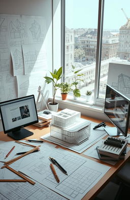An intricate architectural design process from concept to blueprint, showcasing various stages including brainstorming sketches, 3D models, and technical drawings