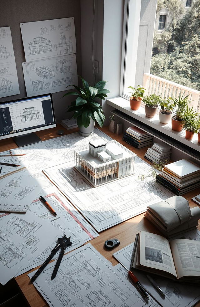 An intricate architectural design process from concept to blueprint, showcasing various stages including brainstorming sketches, 3D models, and technical drawings