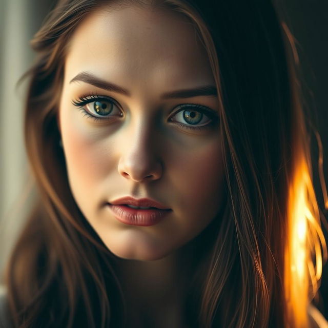 A captivating portrait of a young woman, gazing knowingly through her beautiful, expressive eyes