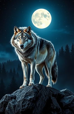 A majestic wolf standing on a rocky outcrop under a full moon, its fur shimmering in the moonlight with shades of gray and white