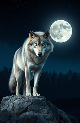 A majestic wolf standing on a rocky outcrop under a full moon, its fur shimmering in the moonlight with shades of gray and white