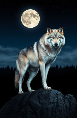 A majestic wolf standing on a rocky outcrop under a full moon, its fur shimmering in the moonlight with shades of gray and white