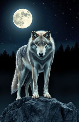A majestic wolf standing on a rocky outcrop under a full moon, its fur shimmering in the moonlight with shades of gray and white