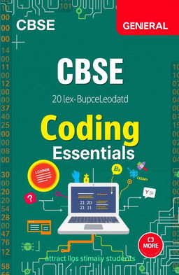 A visually appealing cover design for a CBSE General Book on Coding, featuring elements such as binary code, circuit patterns, and colorful coding symbols