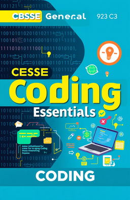 A visually appealing cover design for a CBSE General Book on Coding, featuring elements such as binary code, circuit patterns, and colorful coding symbols