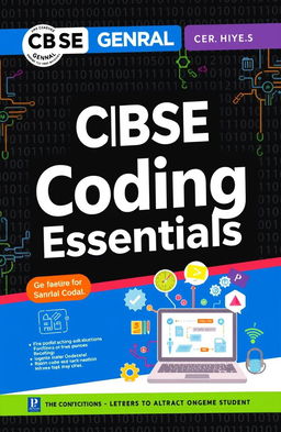 A visually appealing cover design for a CBSE General Book on Coding, featuring elements such as binary code, circuit patterns, and colorful coding symbols