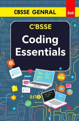 A visually appealing cover design for a CBSE General Book on Coding, featuring elements such as binary code, circuit patterns, and colorful coding symbols