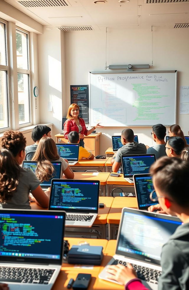 A vibrant classroom scene depicting high school students engaged in a Python programming lesson