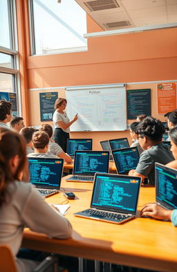 A vibrant classroom scene depicting high school students engaged in a Python programming lesson