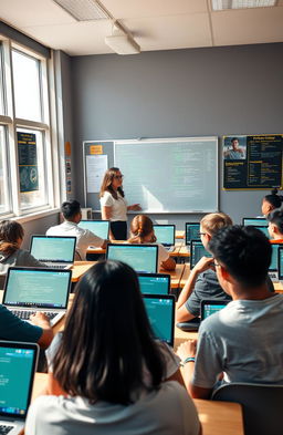 A vibrant classroom scene depicting high school students engaged in a Python programming lesson