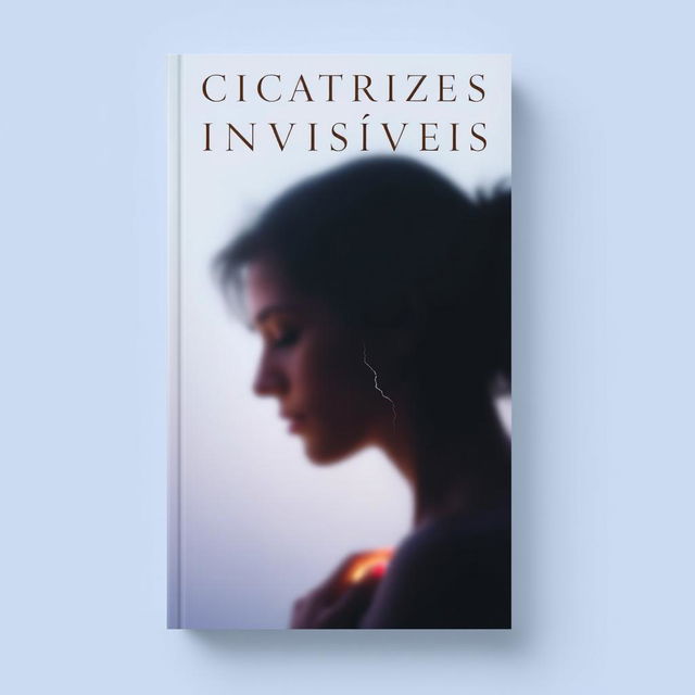 A book cover design for 'Cicatrizes Invisíveis' featuring a soft background in calming tones of blue and purple, conveying tranquility and introspection