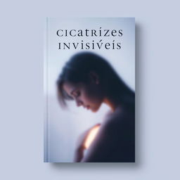 A book cover design for 'Cicatrizes Invisíveis' featuring a soft background in calming tones of blue and purple, conveying tranquility and introspection