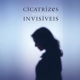 A book cover design for 'Cicatrizes Invisíveis' featuring a soft background in calming tones of blue and purple, conveying tranquility and introspection