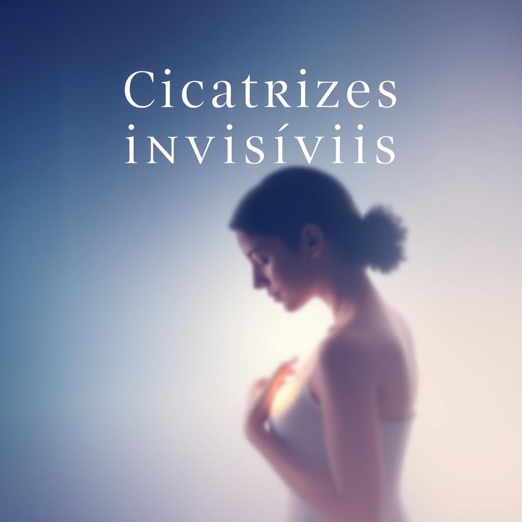 A book cover design for 'Cicatrizes Invisíveis' featuring a soft background in calming tones of blue and purple, conveying tranquility and introspection