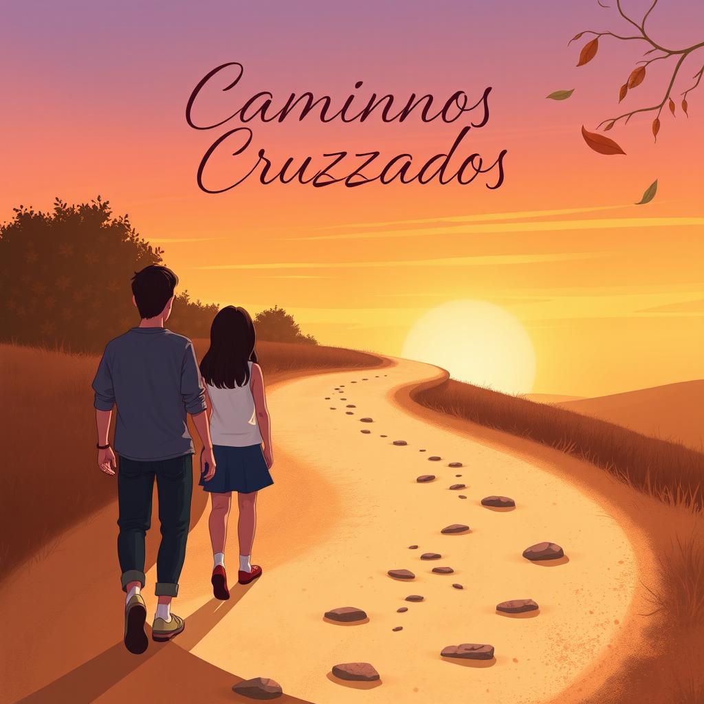 A book cover design for 'Caminhos Cruzados' featuring a serene landscape of a winding path with two trails intersecting in the distance, symbolizing the intertwined destinies of the characters