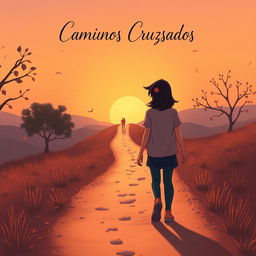 A book cover design for 'Caminhos Cruzados' featuring a serene landscape of a winding path with two trails intersecting in the distance, symbolizing the intertwined destinies of the characters