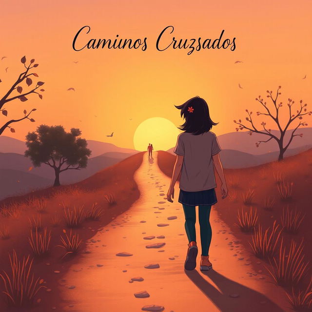 A book cover design for 'Caminhos Cruzados' featuring a serene landscape of a winding path with two trails intersecting in the distance, symbolizing the intertwined destinies of the characters