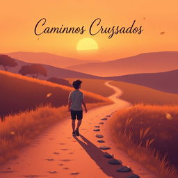 A book cover design for 'Caminhos Cruzados' featuring a serene landscape of a winding path with two trails intersecting in the distance, symbolizing the intertwined destinies of the characters