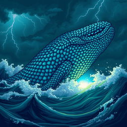 A detailed depiction of a Leviathan, a massive sea creature from mythology, illustrated in a pixel art style