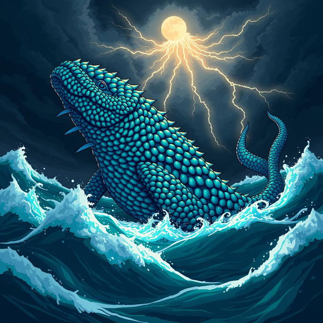 A detailed depiction of a Leviathan, a massive sea creature from mythology, illustrated in a pixel art style