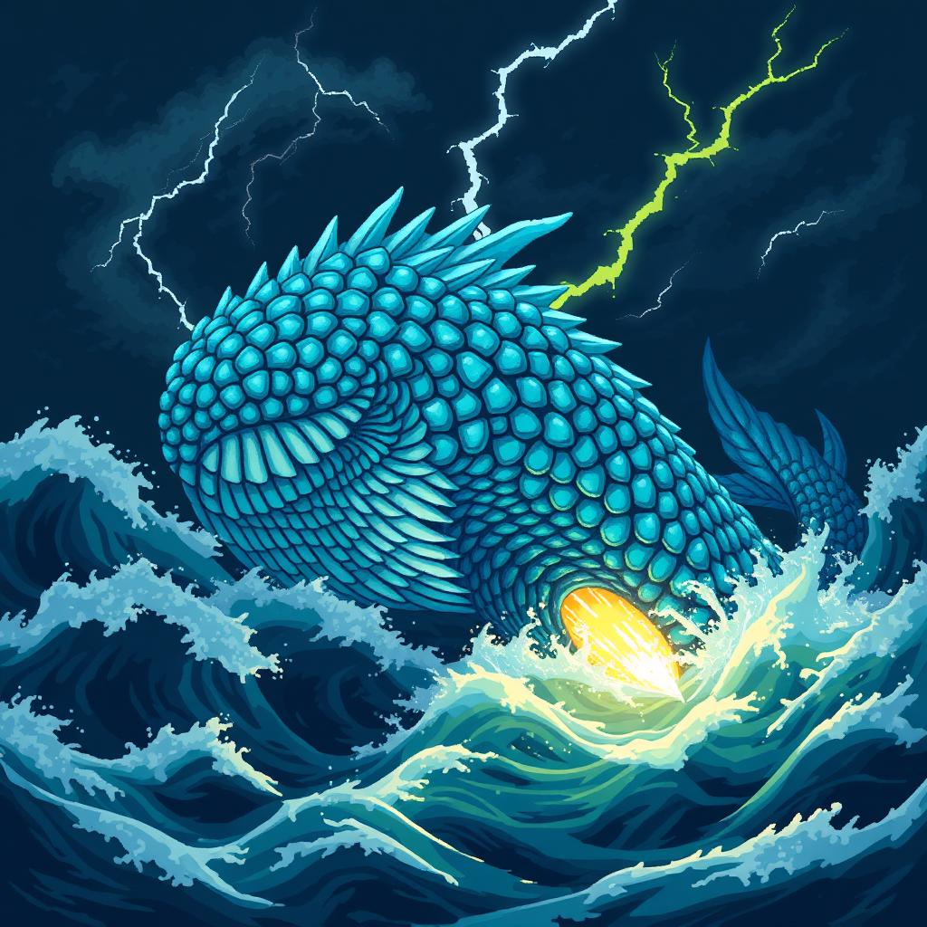 A detailed depiction of a Leviathan, a massive sea creature from mythology, illustrated in a pixel art style