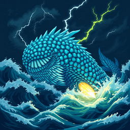 A detailed depiction of a Leviathan, a massive sea creature from mythology, illustrated in a pixel art style