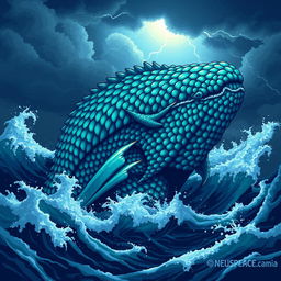 A detailed depiction of a Leviathan, a massive sea creature from mythology, illustrated in a pixel art style