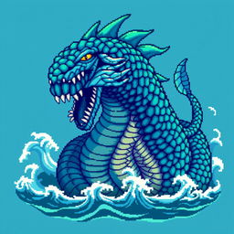 A detailed pixel art representation of a leviathan, characterized by its massive serpentine body and intricate scales