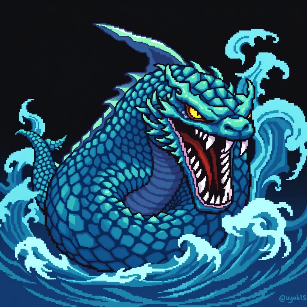 A detailed pixel art representation of a leviathan, characterized by its massive serpentine body and intricate scales