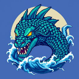 A detailed pixel art representation of a leviathan, characterized by its massive serpentine body and intricate scales