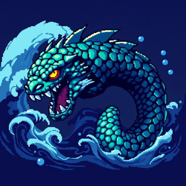 A striking pixel art representation of a leviathan, designed with a compact size of 128 x 128 pixels