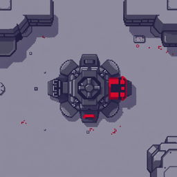 A pixel art style top-down view of a turret, primarily in dark gray and red colors