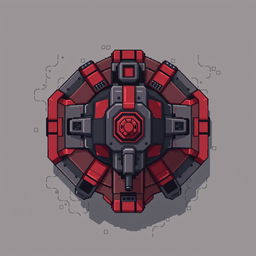 A pixel art style top-down view of a turret, primarily in dark gray and red colors