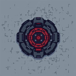 A pixel art style top-down view of a turret, primarily in dark gray and red colors