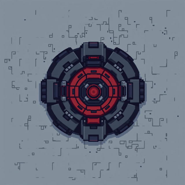 A pixel art style top-down view of a turret, primarily in dark gray and red colors