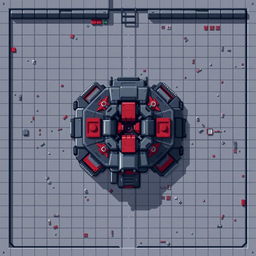 A pixel art style top-down view of a turret, primarily in dark gray and red colors