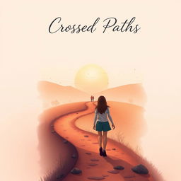 A book cover design for 'Crossed Paths' featuring a serene landscape of a winding path with two trails intersecting in the distance, symbolizing the intertwined destinies of the characters