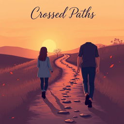 A book cover design for 'Crossed Paths' featuring a serene landscape of a winding path with two trails intersecting in the distance, symbolizing the intertwined destinies of the characters