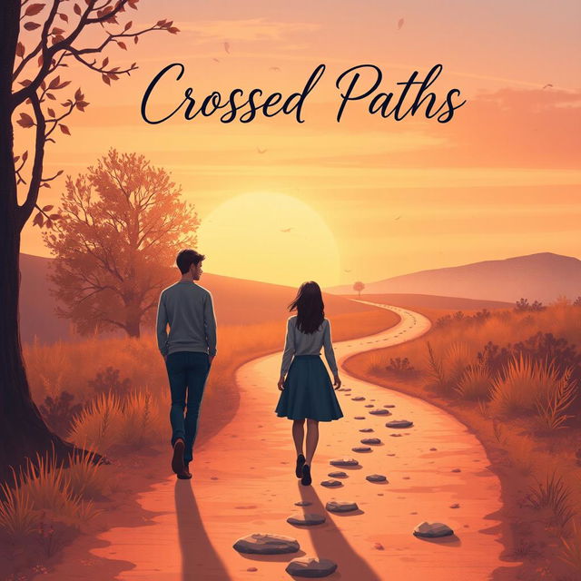 A book cover design for 'Crossed Paths' featuring a serene landscape of a winding path with two trails intersecting in the distance, symbolizing the intertwined destinies of the characters