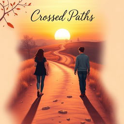 A book cover design for 'Crossed Paths' featuring a serene landscape of a winding path with two trails intersecting in the distance, symbolizing the intertwined destinies of the characters