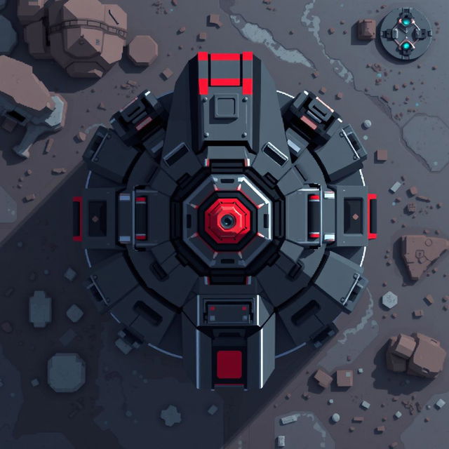 A top-down view of a turret with dark gray and red colors, designed in pixel art style