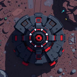 A top-down view of a turret with dark gray and red colors, designed in pixel art style