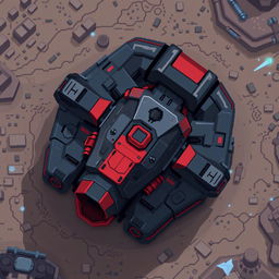 A top-down view of a turret with dark gray and red colors, designed in pixel art style