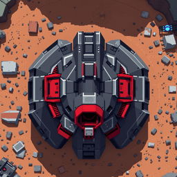 A top-down view of a turret with dark gray and red colors, designed in pixel art style