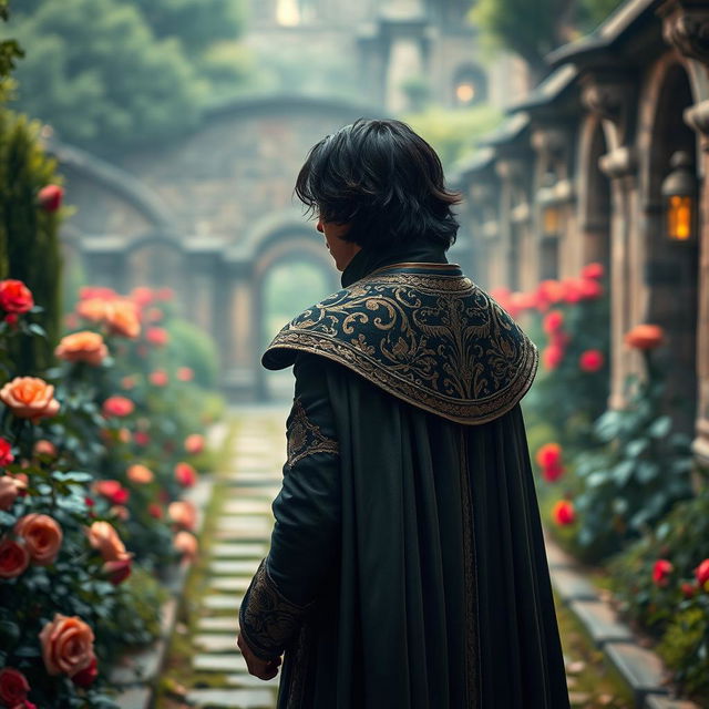 A dark-haired prince in a period drama setting, standing with his back towards the camera